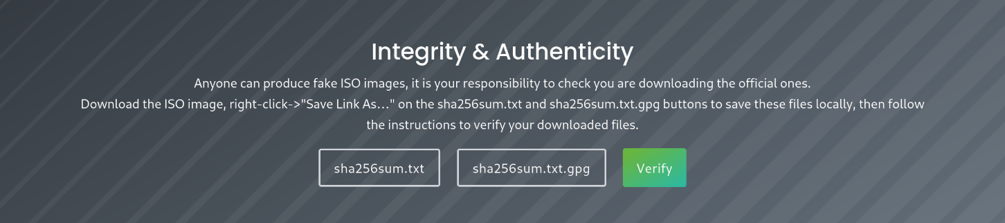 screenshot af fanen om &ldquo;integruty & Autheticity på Linux Mints hjemmeside